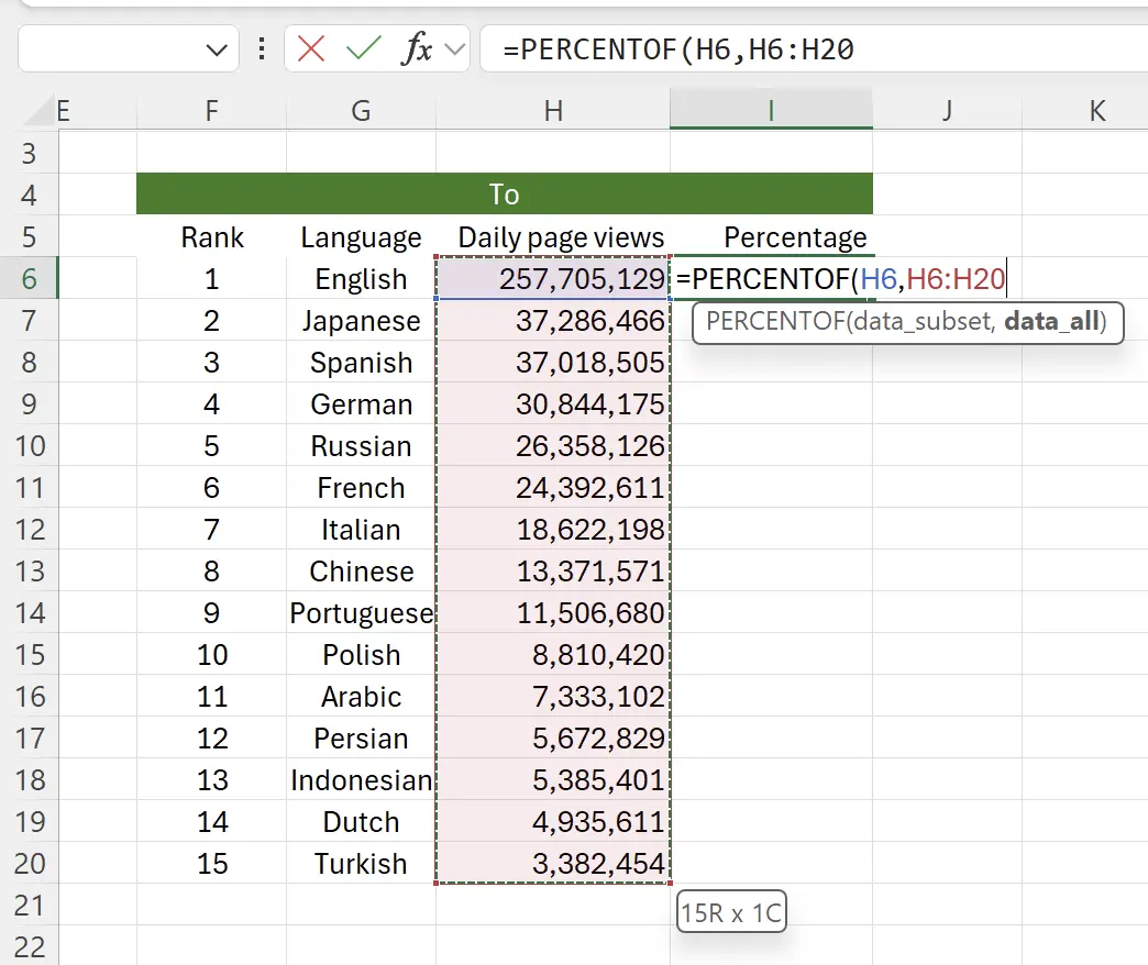 Select a range of cells to form the total