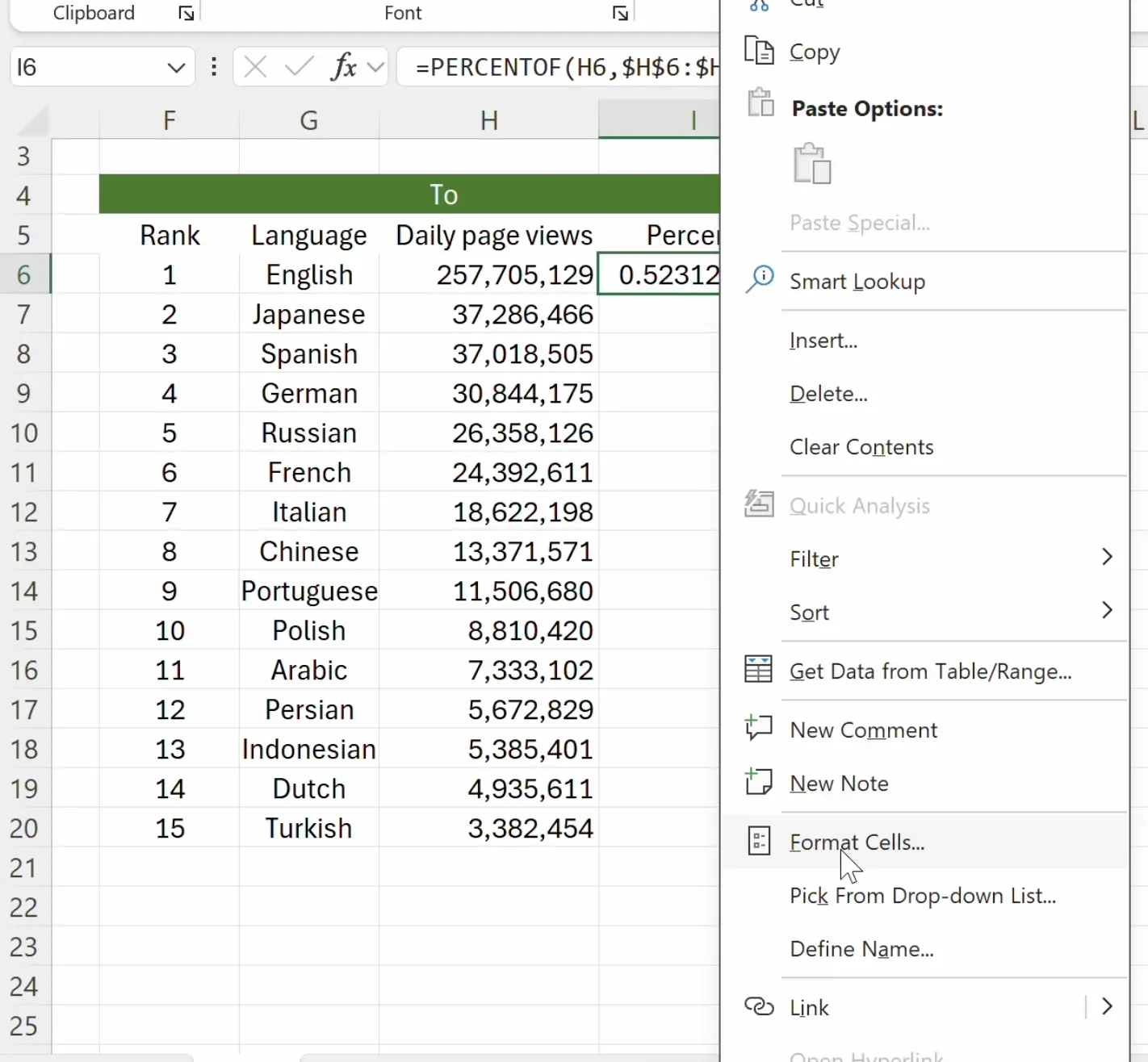 Right-click to edit cell format