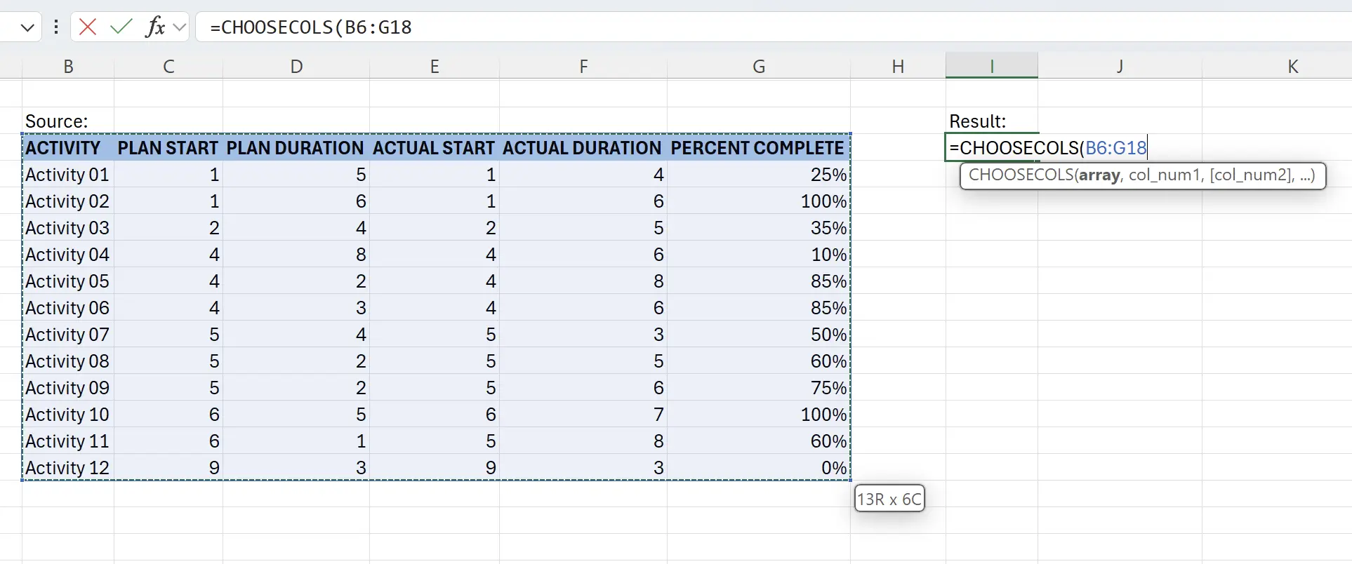 Select the source data range