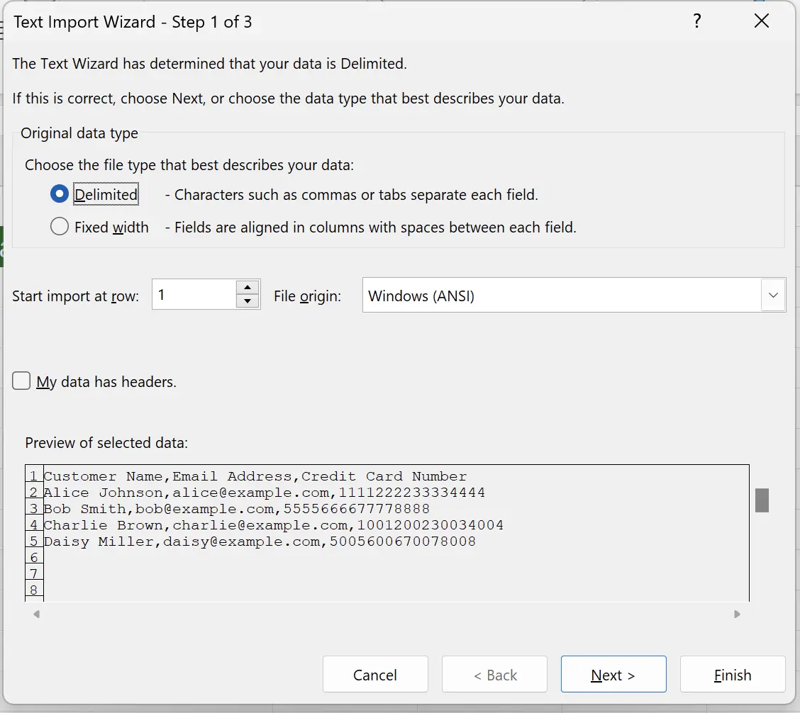 Text Import Wizard - Step One