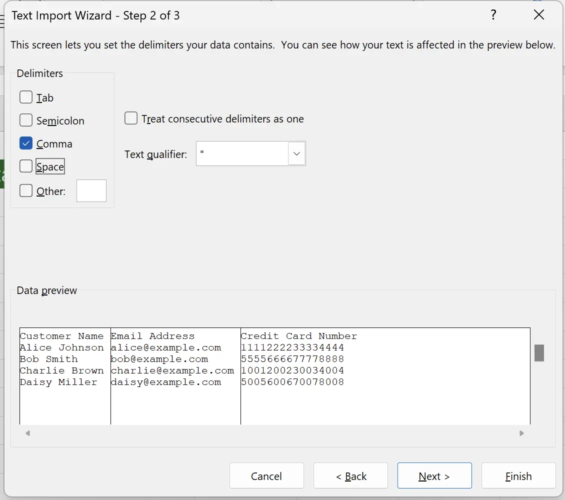 Text Import Wizard - Step Two