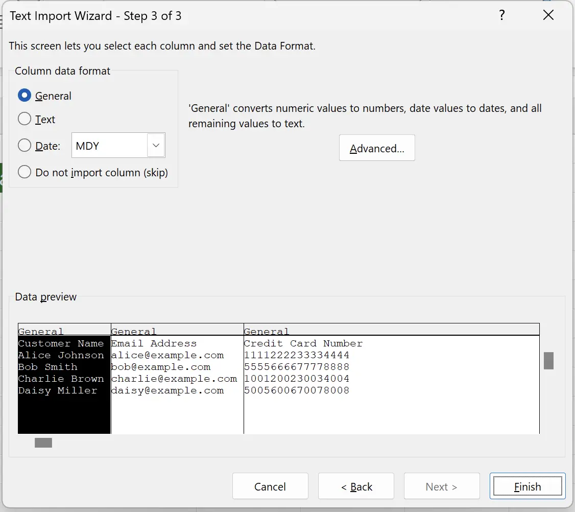 Text Import Wizard - Step Three