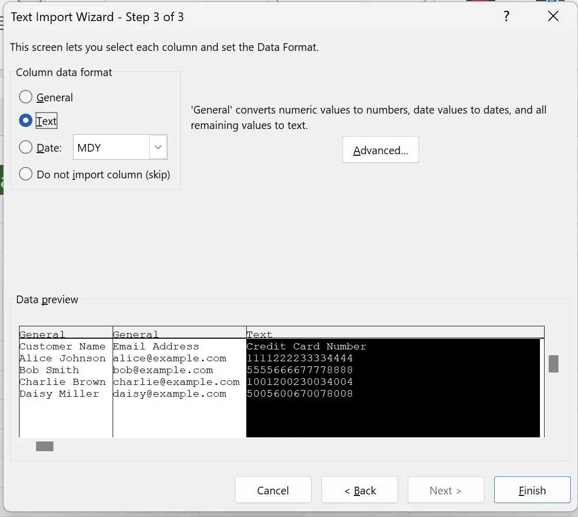 Specifying the Data Format of Imported Columns